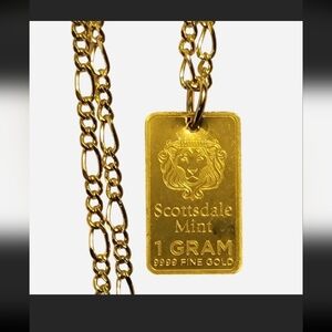 .9999 Solid 24k Gold Pendant + 18k Gold Filled Figaro Necklace (20") - New